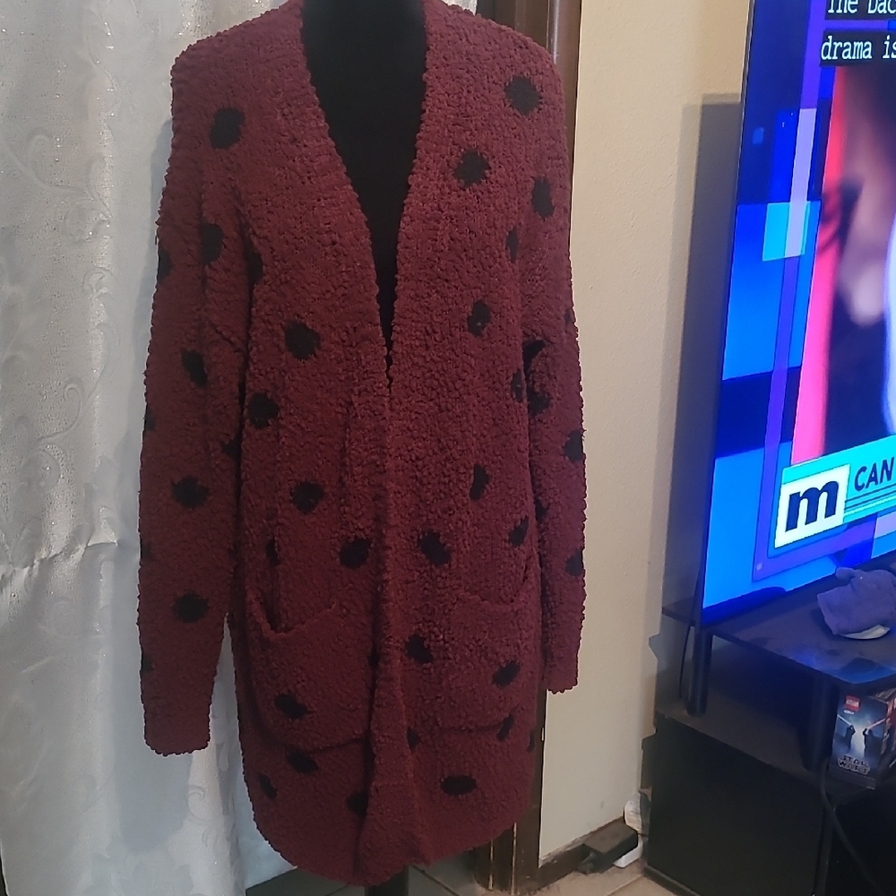 Bobeau Burgundy Teddy Jacket with Black Polka Dots